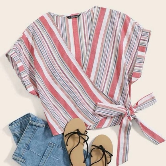 Shein Striped Surpliced Wrap Short Sleeve Blouse Size L - Picture 1 of 7